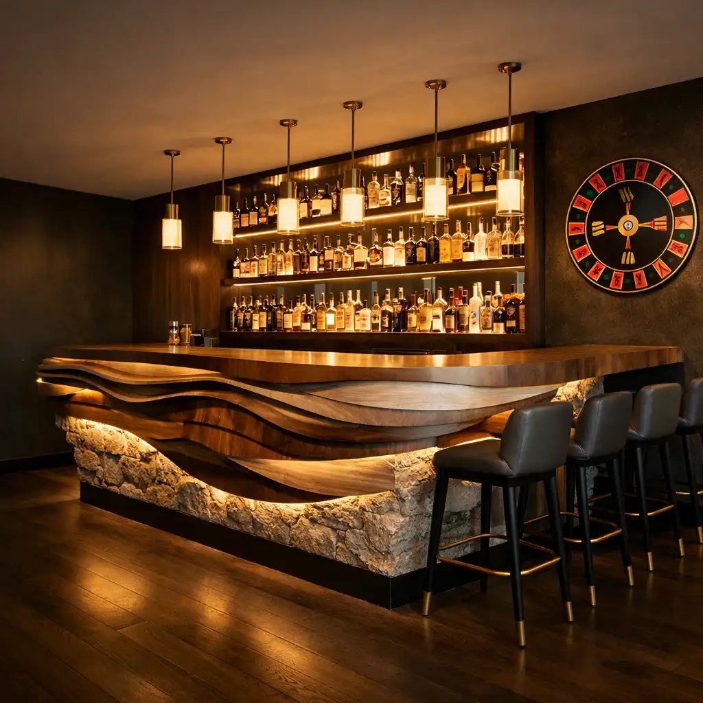 Sculptural bar counter with layered timber and stone, backlit shelves, and warm lighting