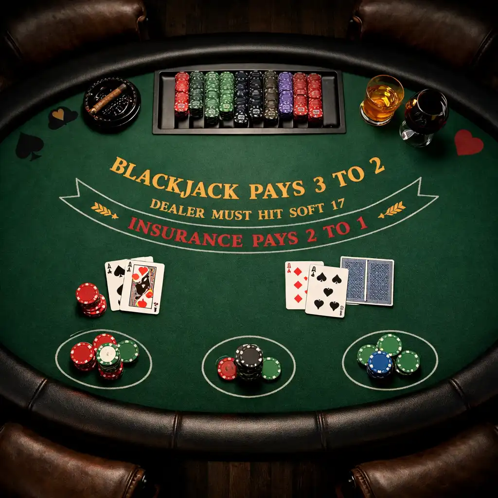 Overhead view of a blackjack table with cards and chips in an upscale lounge