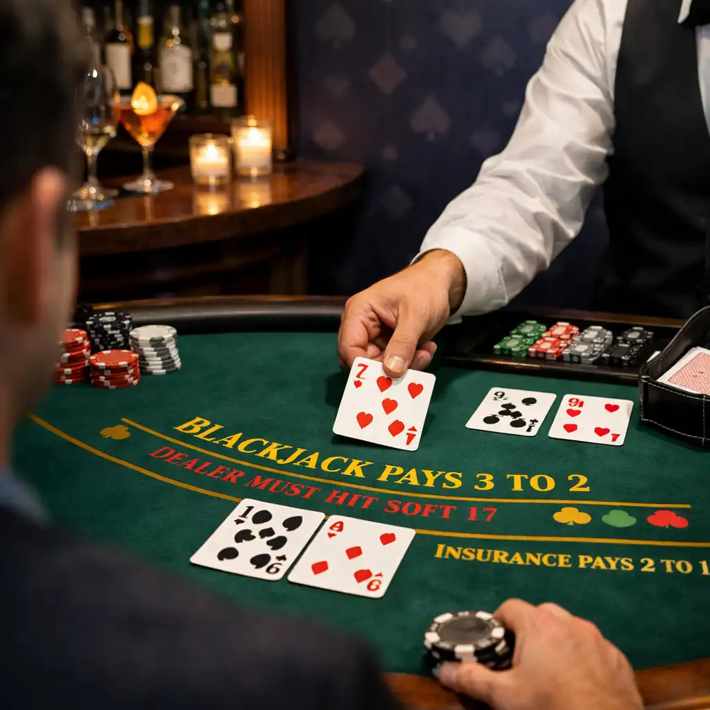 Blackjack table in an intimate corner with deep indigo walls and a small bar nearby