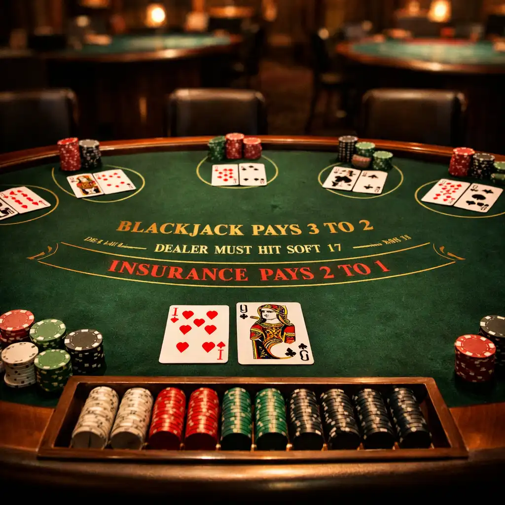 Blackjack table with semicircular design, face-up cards, and neatly stacked chips
