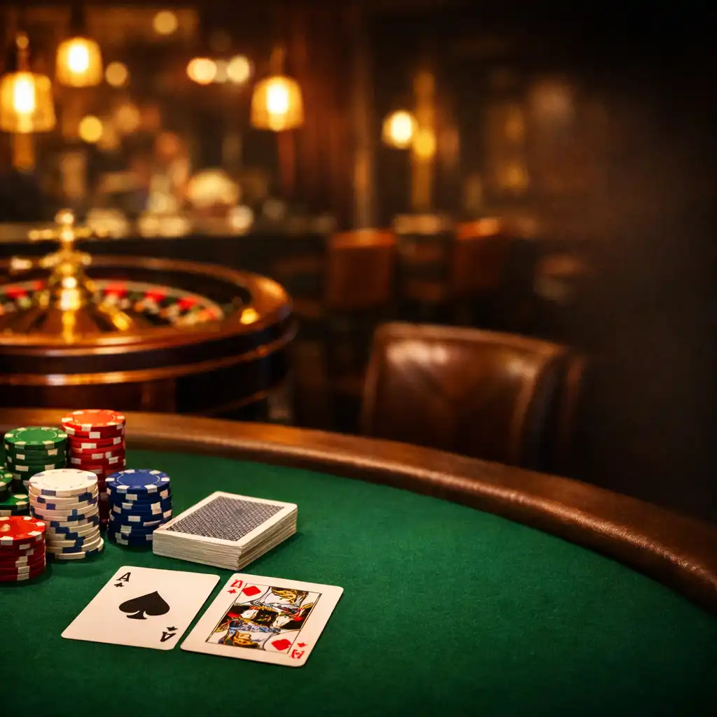 An elegant casino table setting with a green felt poker table, colorful chips, a deck of cards, and a roulette wheel in the background, softly lit by warm pendant lights