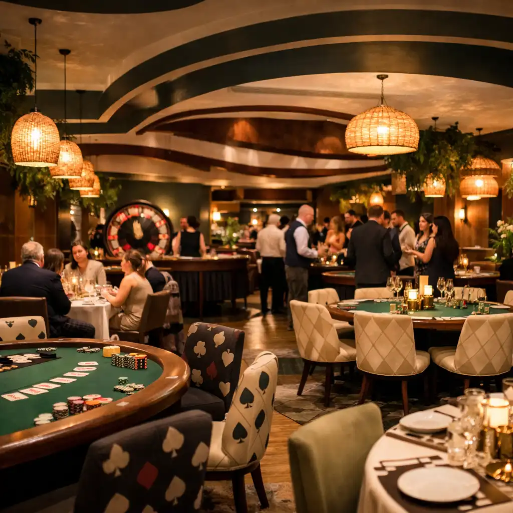 Wide interior shot of the restaurant transformed for casino night with dining tables and a roulette wheel