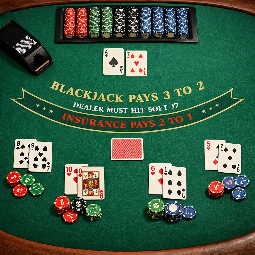 Overhead view of a blackjack table with cards and chips