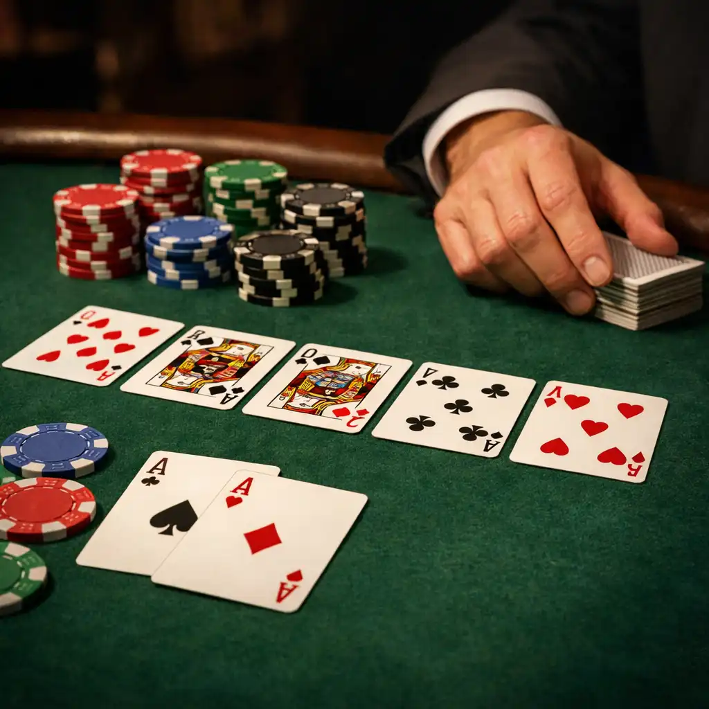 Close-up of a poker table with cards and chips