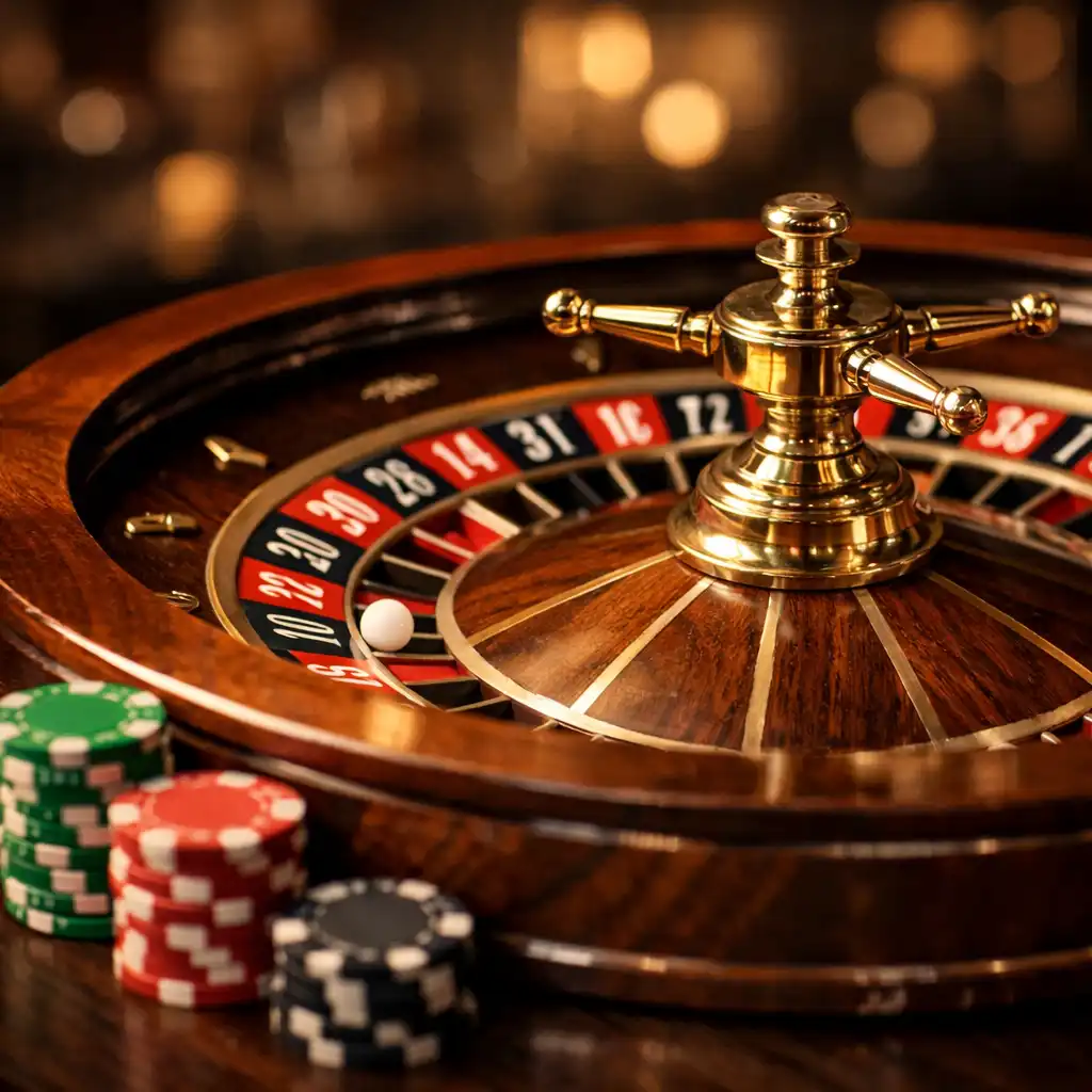 Elegant roulette wheel in motion with chips nearby