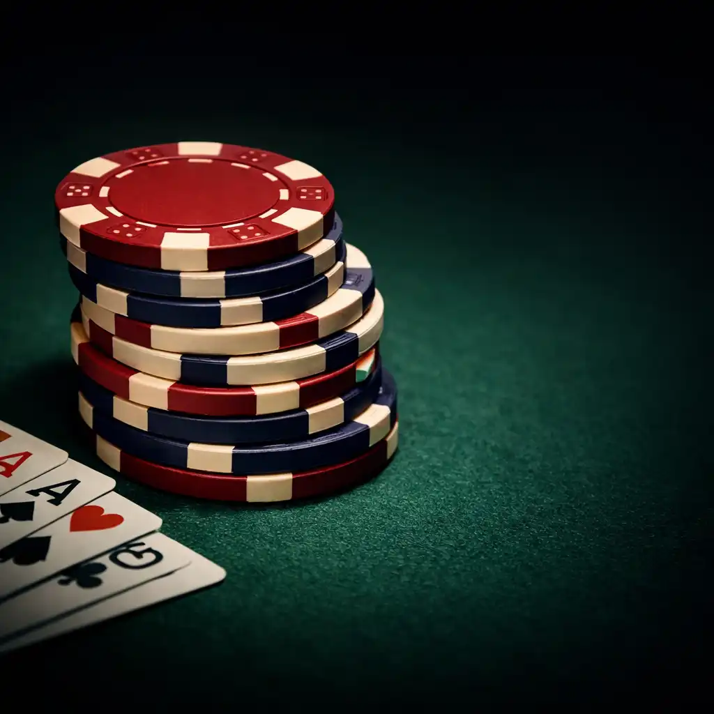 Stack of poker chips and playing cards on a dark green felt table