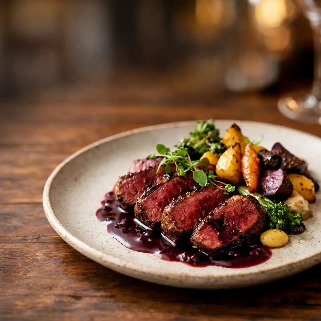 A beautifully plated modern Australian dish with seared kangaroo loin, native pepperberry sauce, roasted vegetables, and microgreens on a rustic wooden table