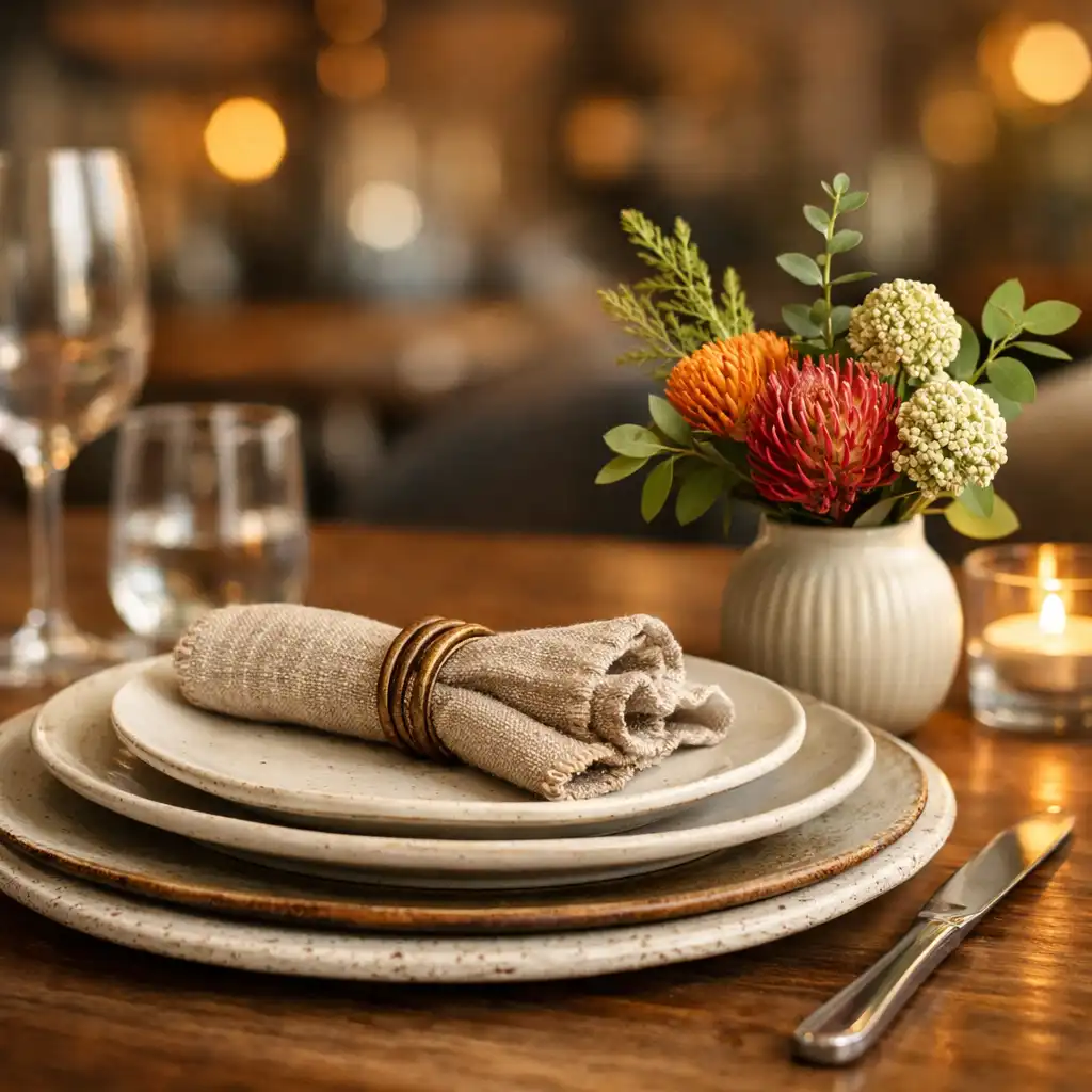 Close-up of a dining table setting with layered plates, a textured linen napkin, and native Australian flowers