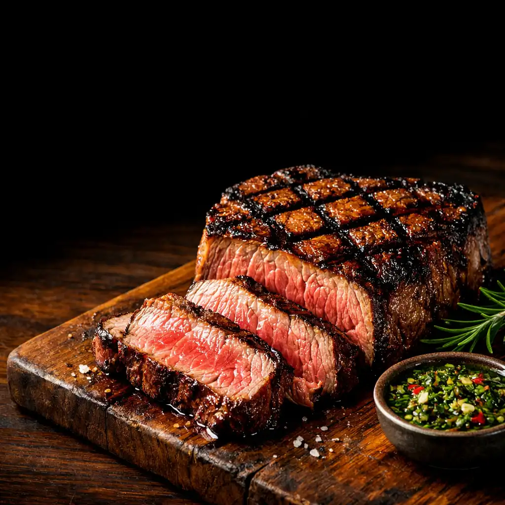 Thick-cut wagyu steak with grill marks, rosemary, and chimichurri on a wooden board