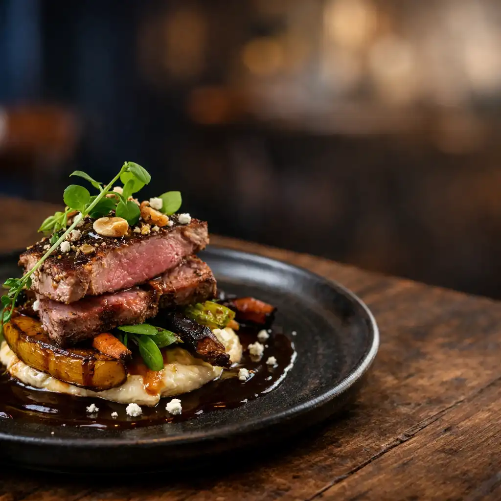 A beautifully plated modern Australian dish with layered lamb, roasted vegetables, and herb garnish