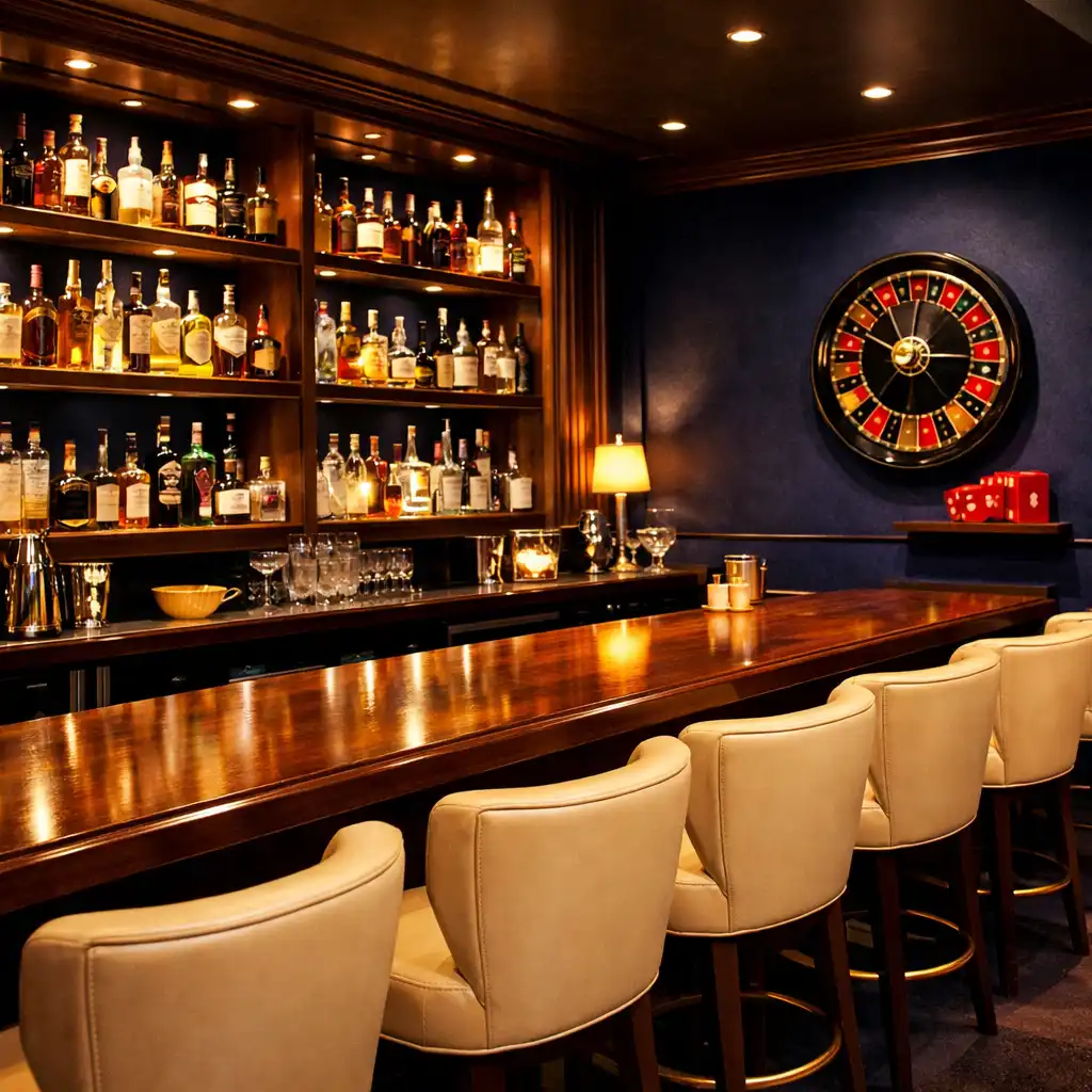 Stylish restaurant bar with deep indigo backdrop, premium spirits, and polished wooden counter