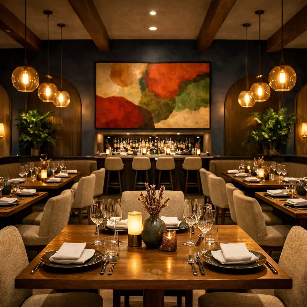 Warmly lit dining room with wooden tables, oat cream chairs, and deep indigo accent walls