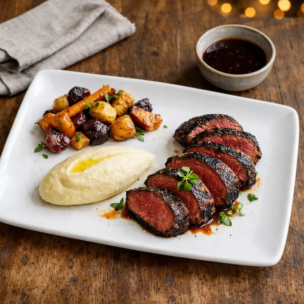 Charred kangaroo loin medallions with parsnip purée, roasted root vegetables, and pepperberry jus