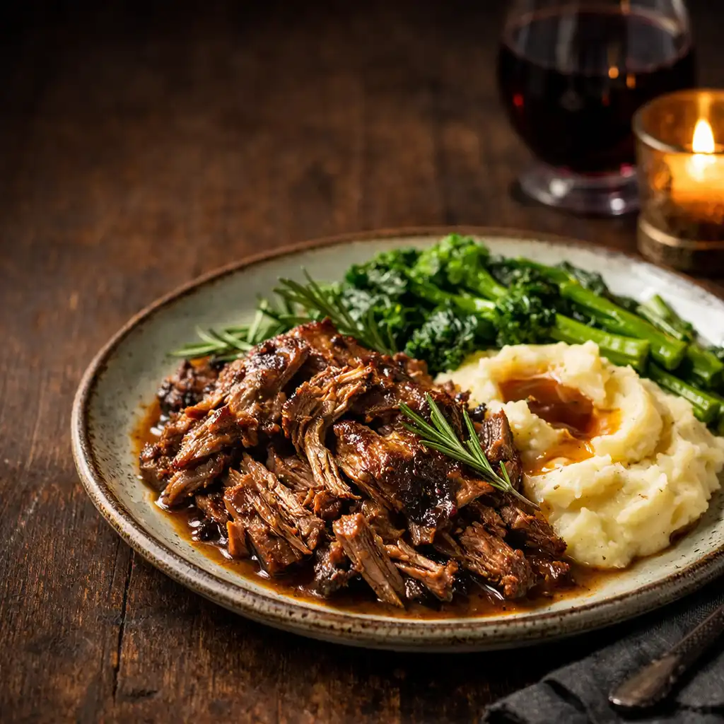Slow-braised lamb shoulder pulled apart, served with mashed potatoes, seasonal greens, and rosemary