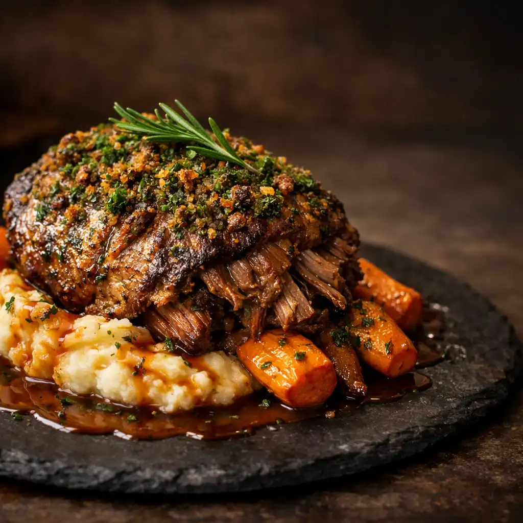Slow-cooked lamb shoulder with herb crust, mashed potatoes, roasted carrots, and rich jus
