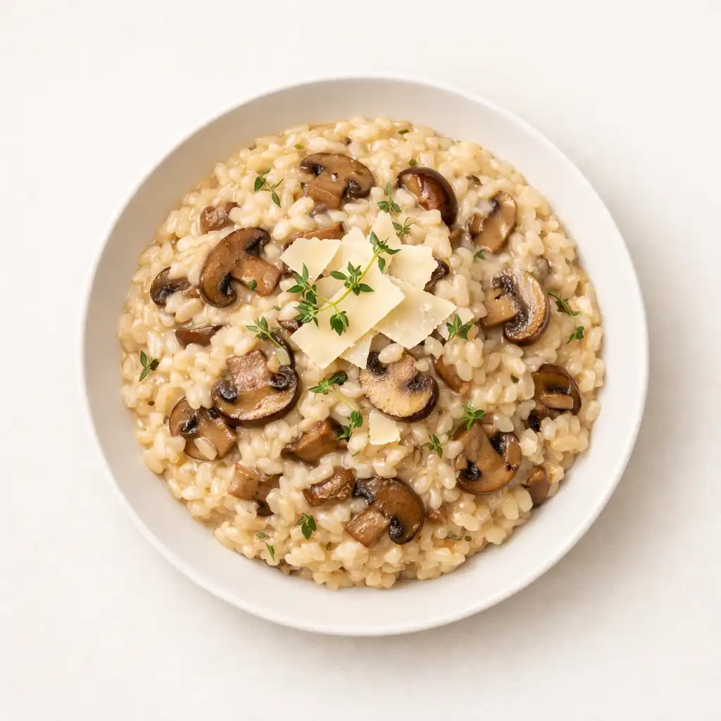Creamy mushroom risotto garnished with shaved parmesan and fresh thyme