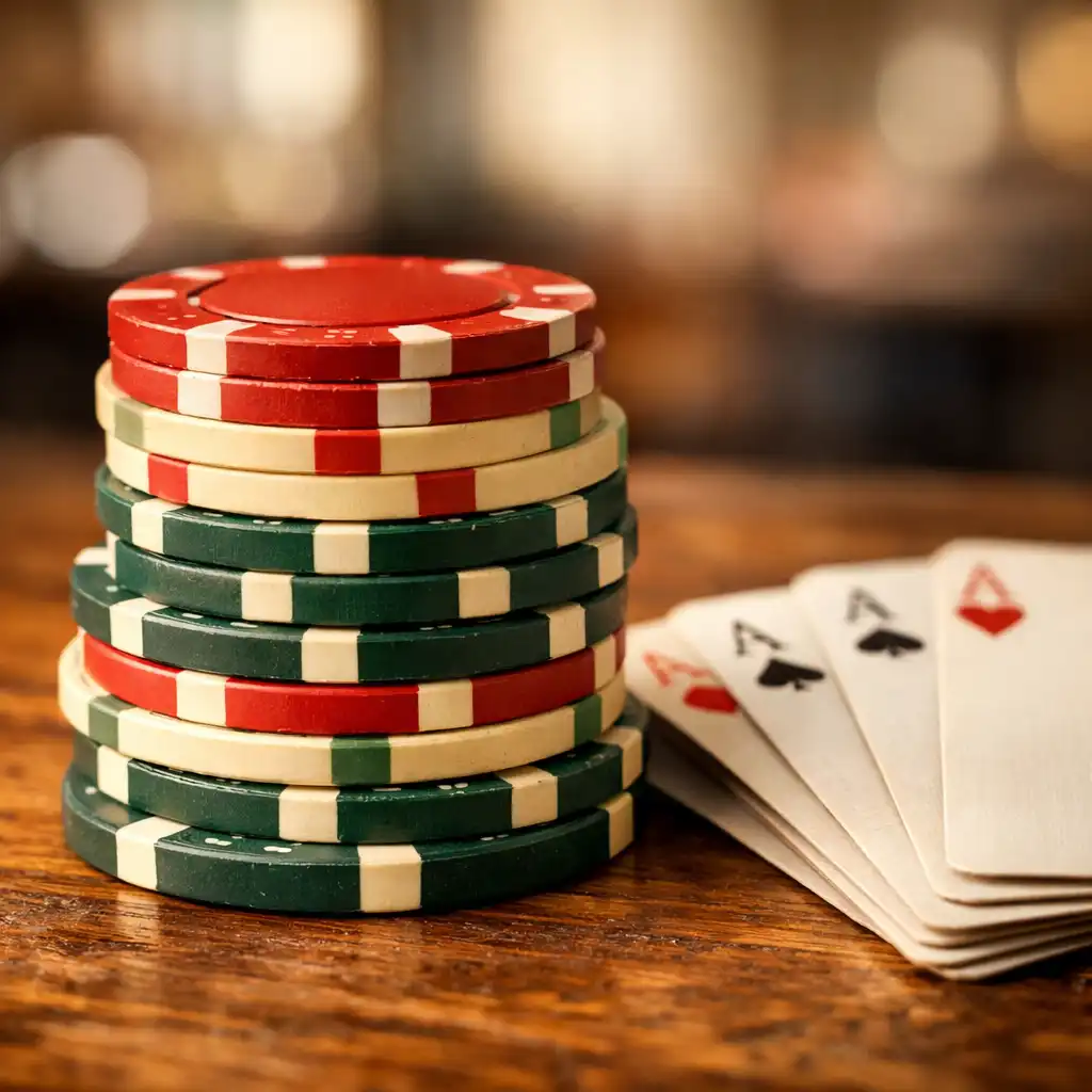 Macro shot of a stack of poker chips and fanned playing cards on a wooden table