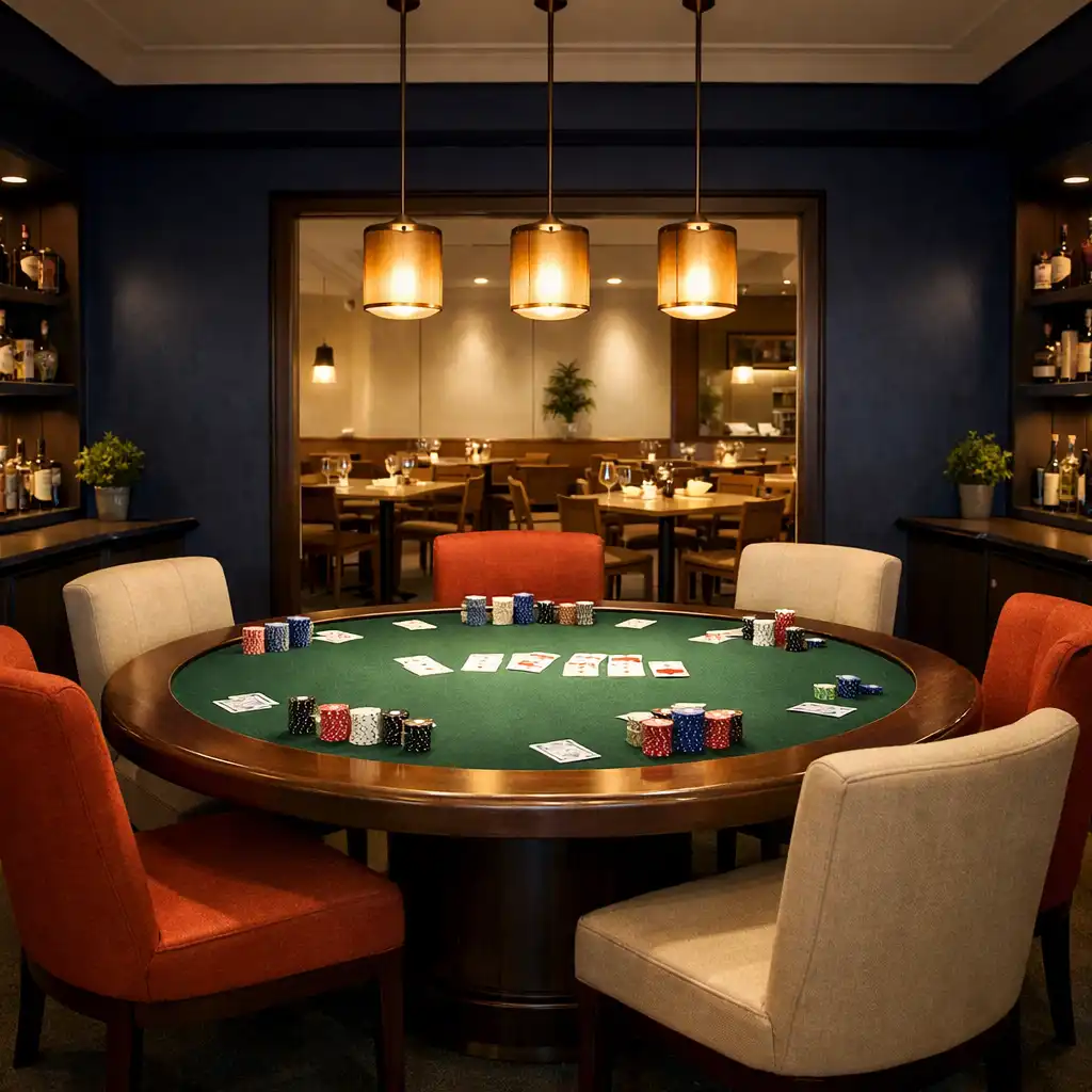 Wide shot of an elegant poker lounge inside a modern Australian restaurant with a round poker table and warm pendant lights