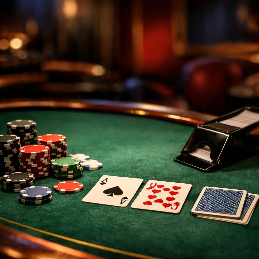 Poker table with chips, playing cards, and a dealer shoe in an elegant, dimly lit room