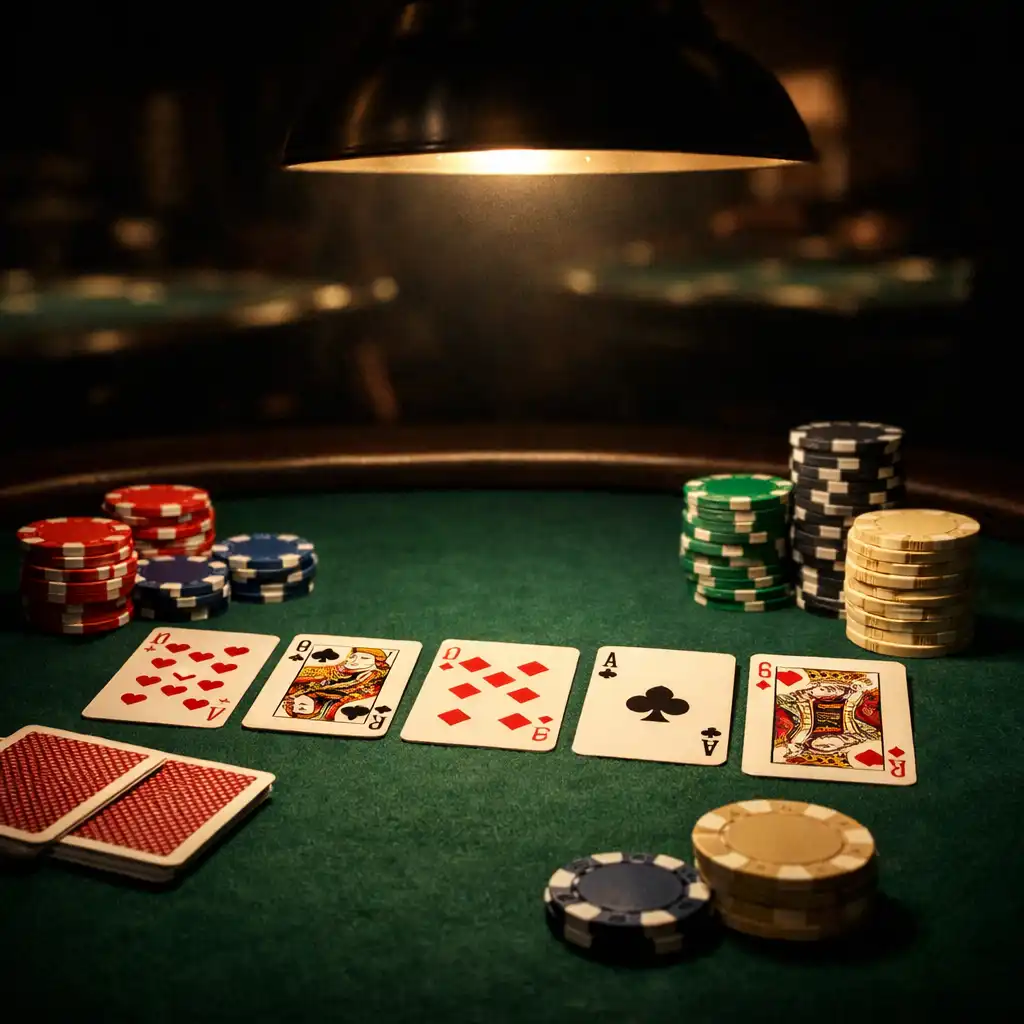 Physical poker table with green felt, playing cards, and stacks of colourful chips