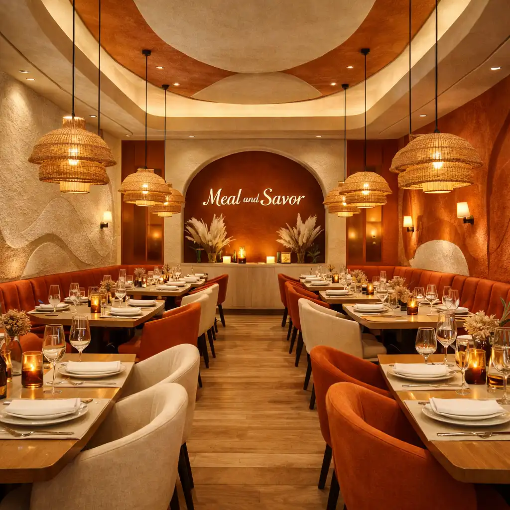 Main dining room at Meal and Savor with layered textures and warm lighting