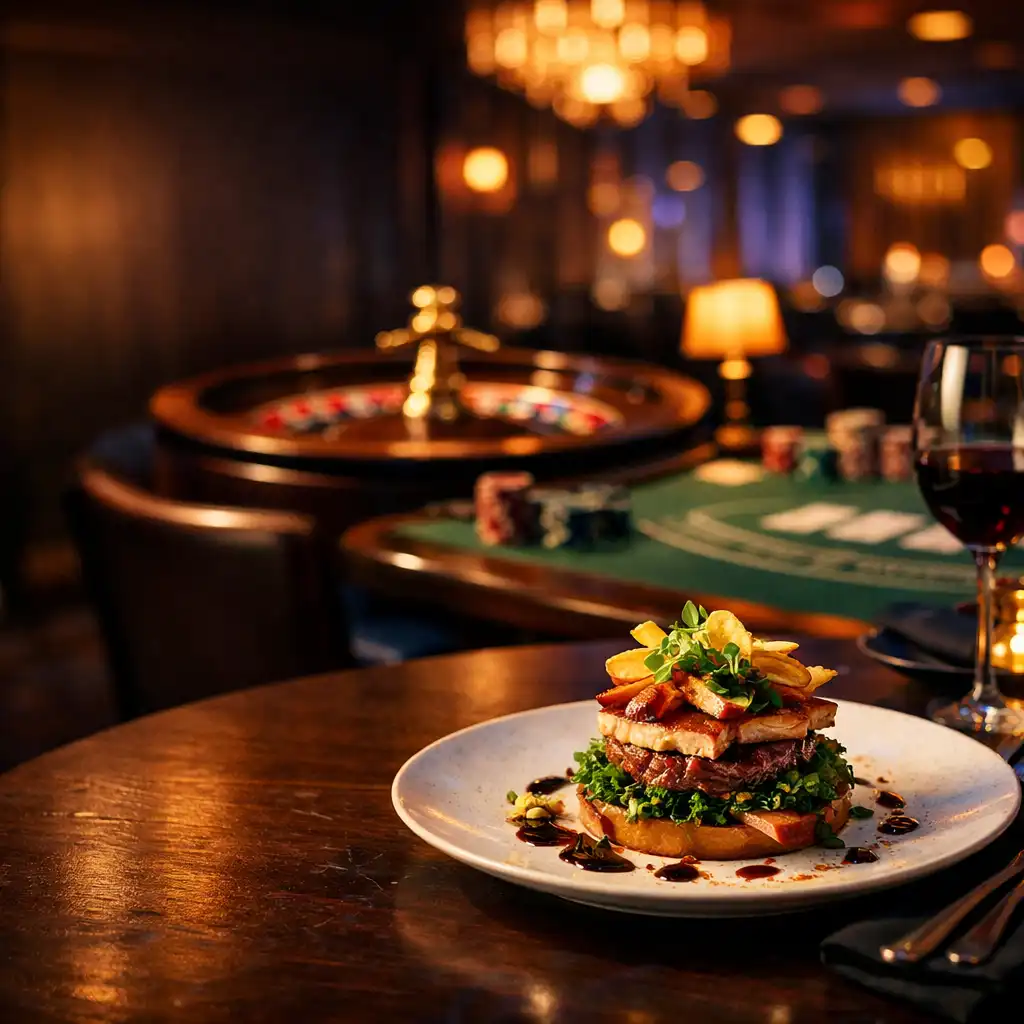 Roulette wheel and blackjack table in the elegant dining room at Meal and Savor