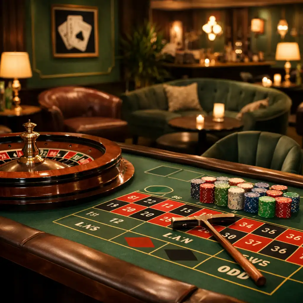 Roulette table in a dedicated lounge with ambient lighting and basil green accents