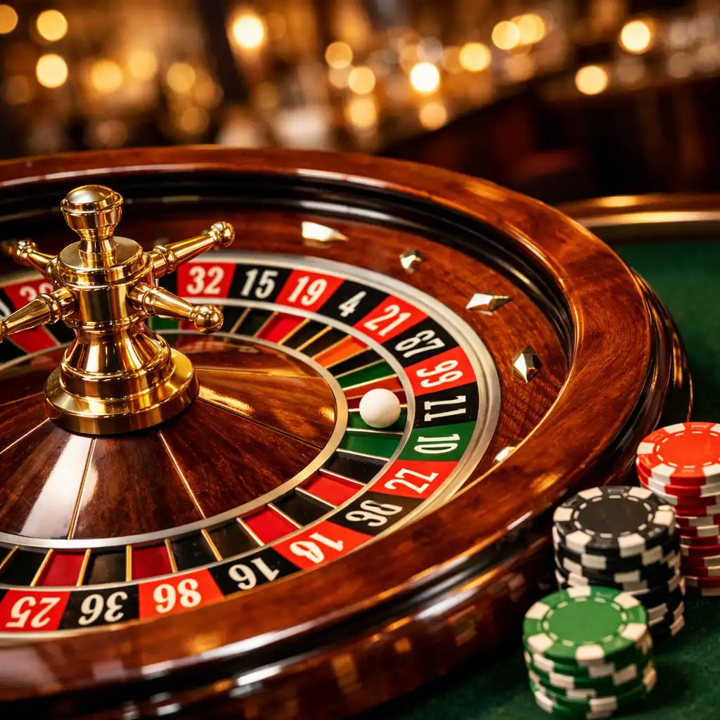 Close-up of a European roulette wheel with stacked chips in warm restaurant lighting
