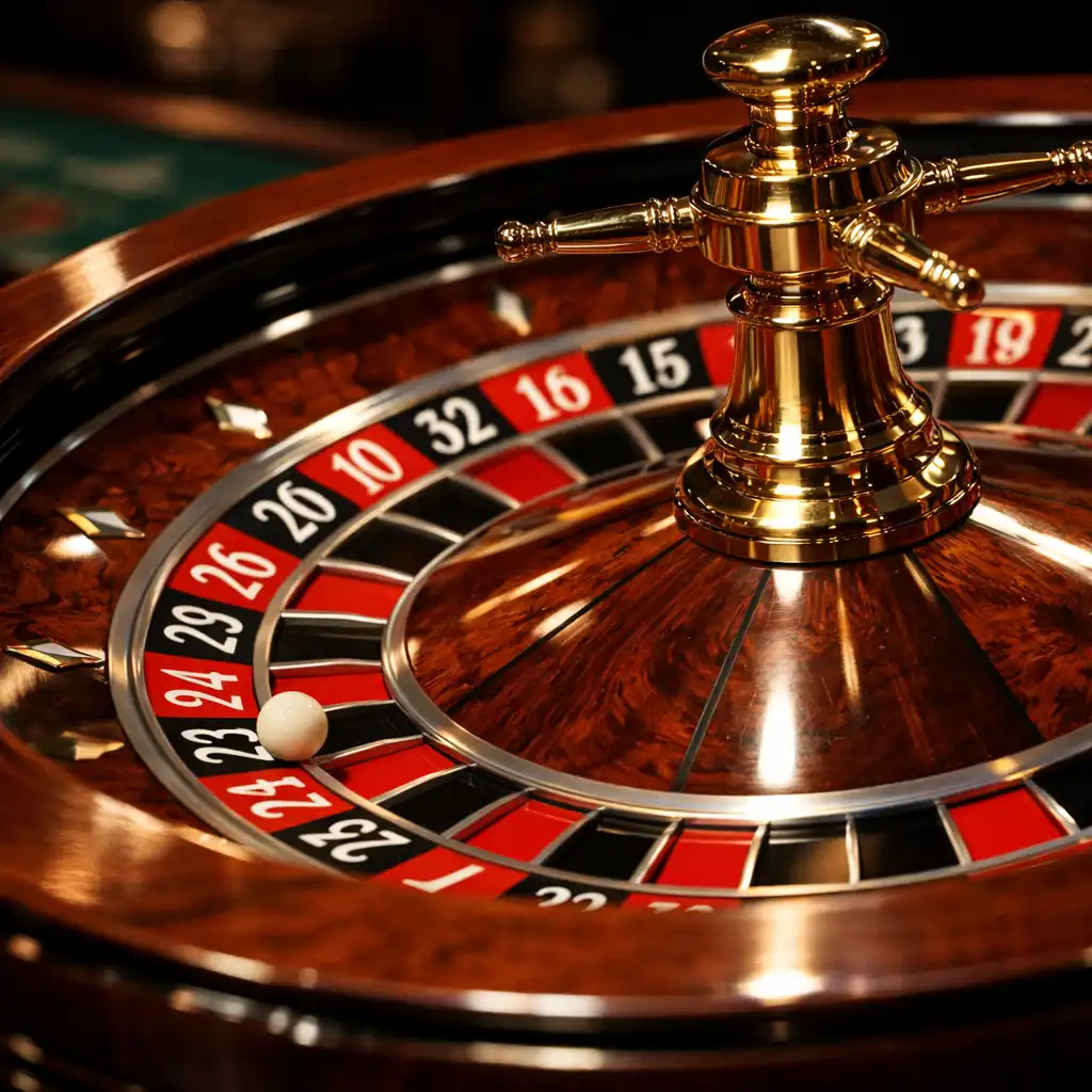 Detailed roulette wheel in motion with red and black numbers and a visible ball