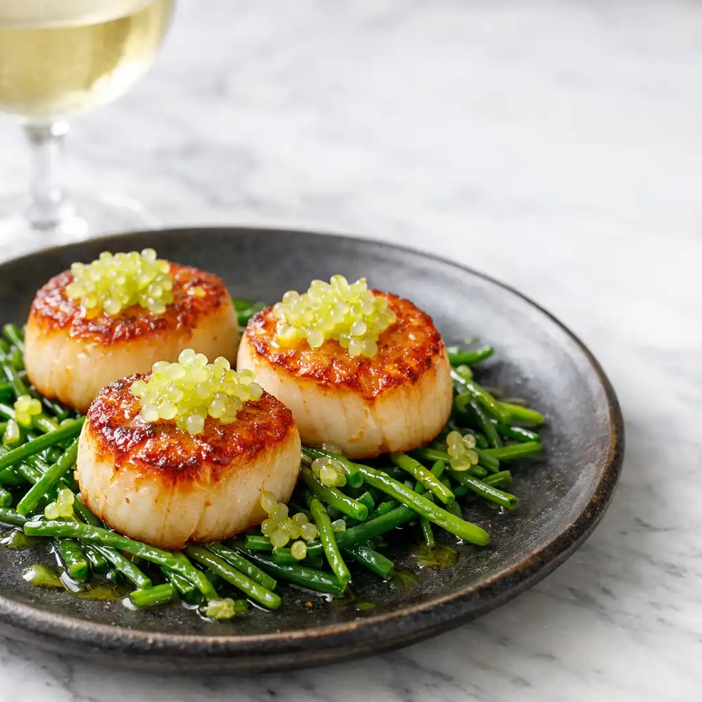 Three seared scallops with golden crusts on samphire, topped with finger lime pearls and lemon oil