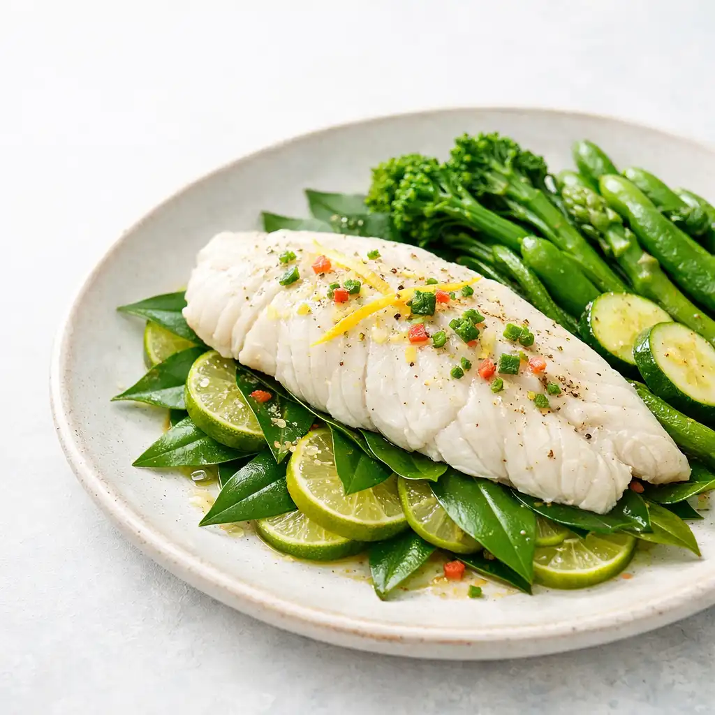 Seared barramundi with crispy skin on wilted greens with citrus beurre blanc