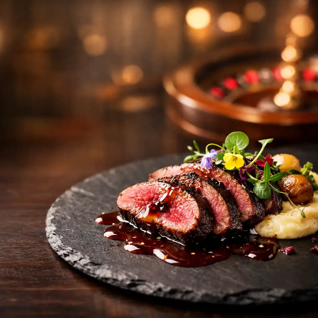 A beautifully plated signature dish with charred kangaroo loin, pepperberry jus, and micro herbs on a dark slate plate