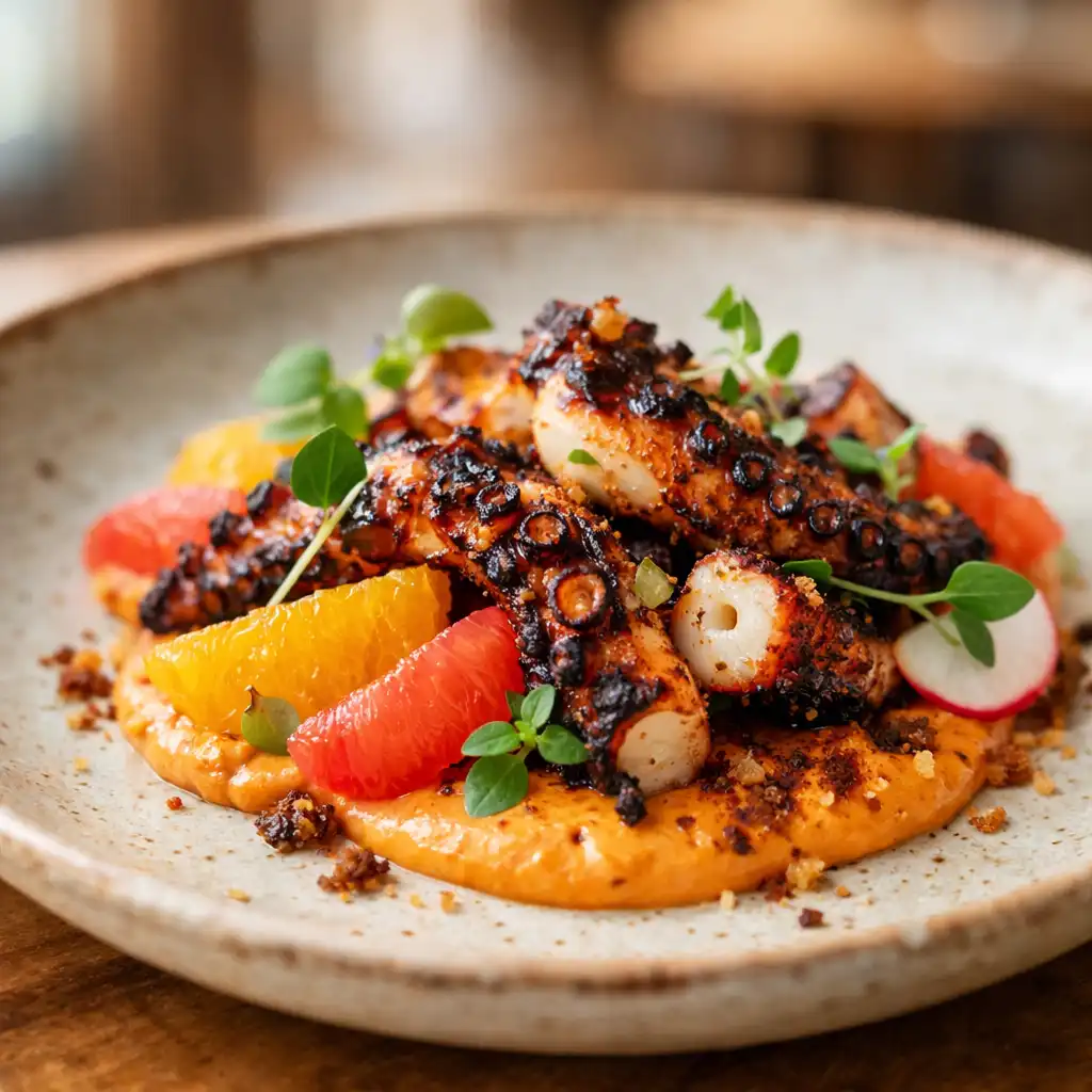 Charred octopus with smoked paprika aioli, citrus segments, and microgreens on a handmade ceramic plate