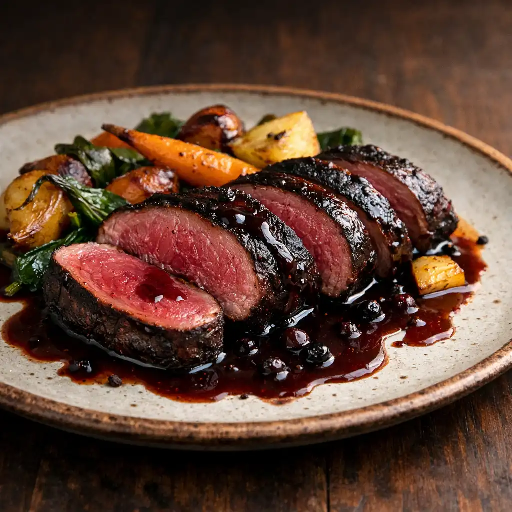 Charred kangaroo loin sliced to reveal a rosy center, plated with roasted root vegetables and pepperberry jus