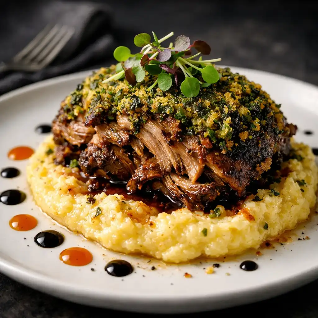 Slow-cooked lamb shoulder with herb crust on creamy polenta