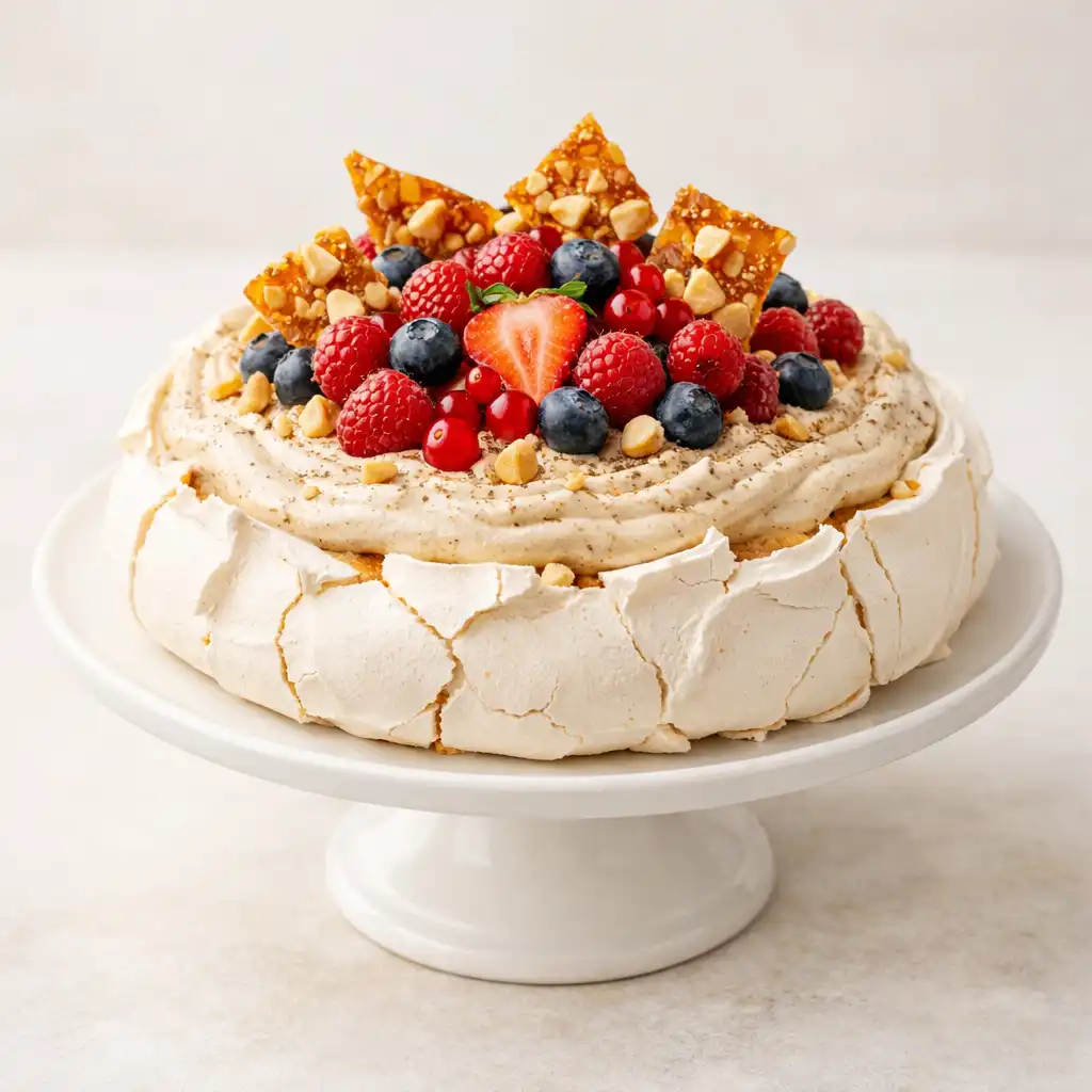 Wattleseed pavlova with crisp meringue, wattleseed cream, macadamia praline, and fresh berries