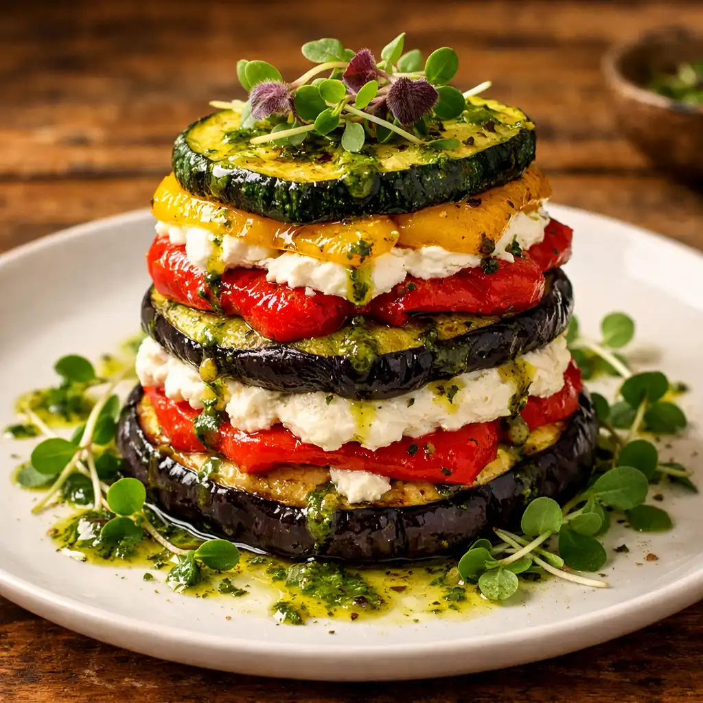 Vegetarian tower of roasted vegetables, goat cheese, and basil oil